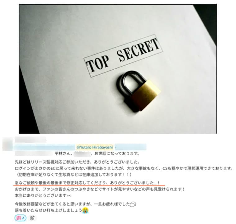 守秘のため詳細を伏せたShopify ECサイト案件のイメージと、いただいたメッセージ。